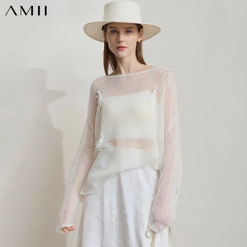 

AMII минималистичный мохеровый шерстяной свитер, пуловер, новинка весны 2024, женские свободные прозрачные повседневные вязаные топы с перьями и бусинами 12541181