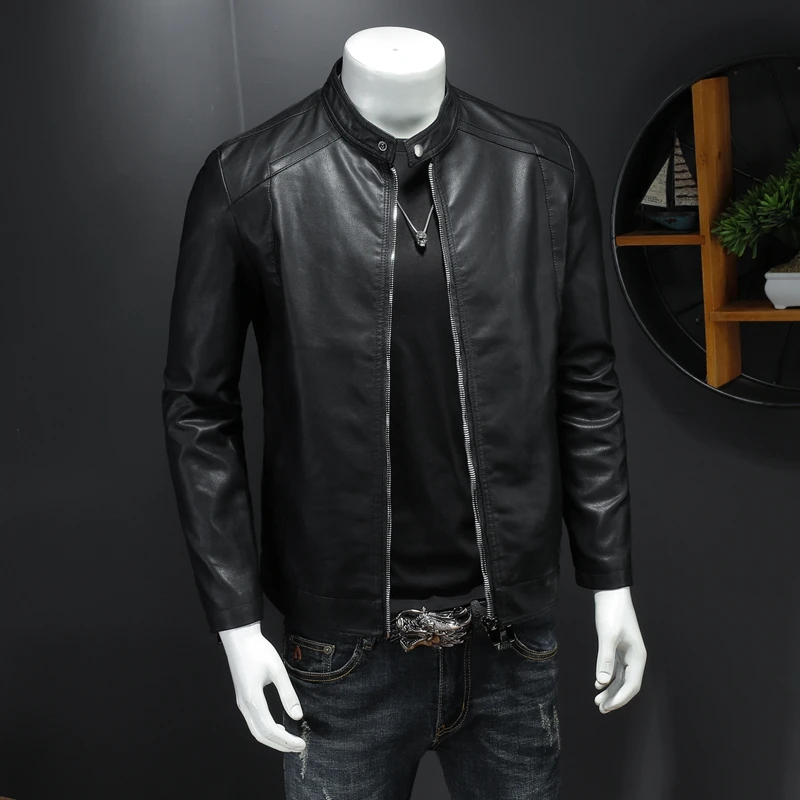 Autumn new men's stand-up collar leather jacket personality leather jacket youth oversize motorcycle clothing windbreaker