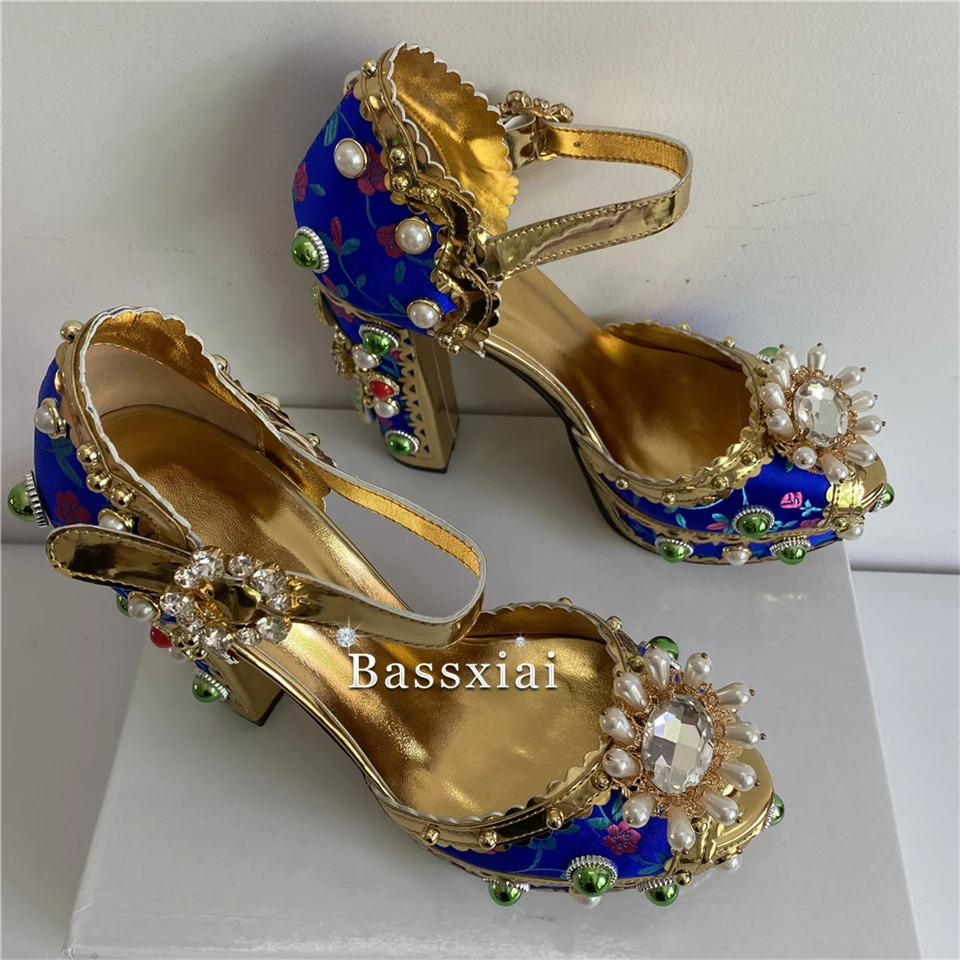 Sexy Embroidery Satin Beads Chunky Heel Sandals Women High Platform Rivets Decor Diamond Rhinestone Wedding Shoes Summer