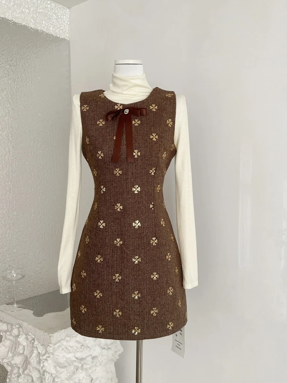 Ele Layered  Knot Vest Dr High Collar Inner irt Faion Set Long Sve Winter Women's Ensemble