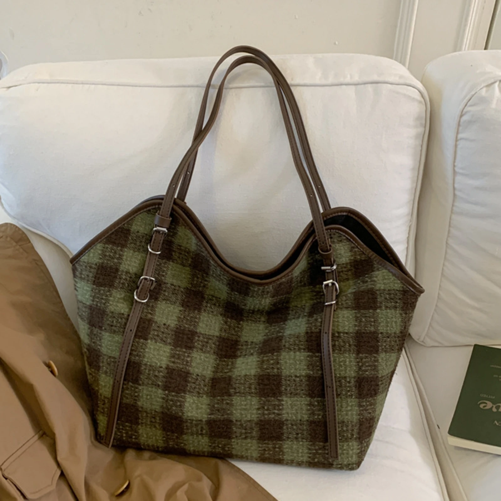 

Women's Trendy Plaid Shoulder Bag Fashionable Large Capacity Canvas Tote Bags for Daily Commute Travel