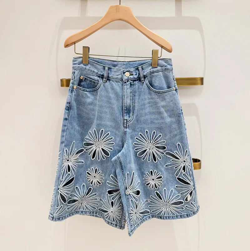 Withered 2026 Summer Fashion Embroidered Hollow Out Blue Cowboy Straight Leg Pants