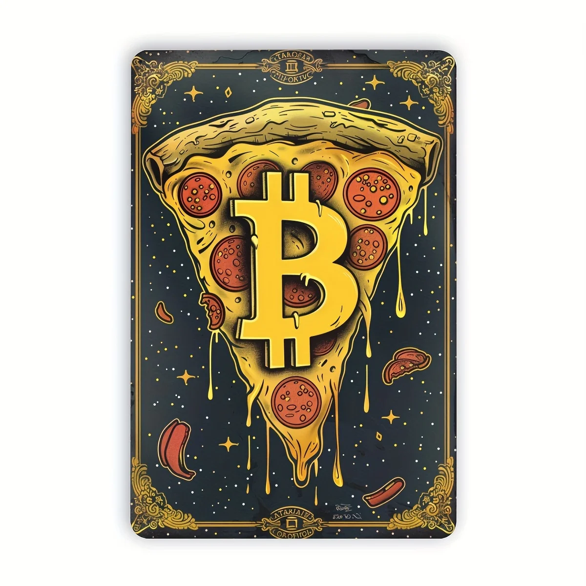 Bitcoin Pizza Metal Tin Sign -  , Retro Wall Art for Home, Gym, Bar, Cafe, Garage - Indoor/Outdoor Decor with Golden and Yellow