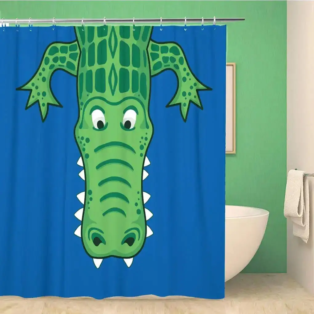 Cartoon Style Animal Shower Curtain Funny Crocodile Kids Shower Curtain Waterproof Fabric Bathroom Decor Screen with Hooks