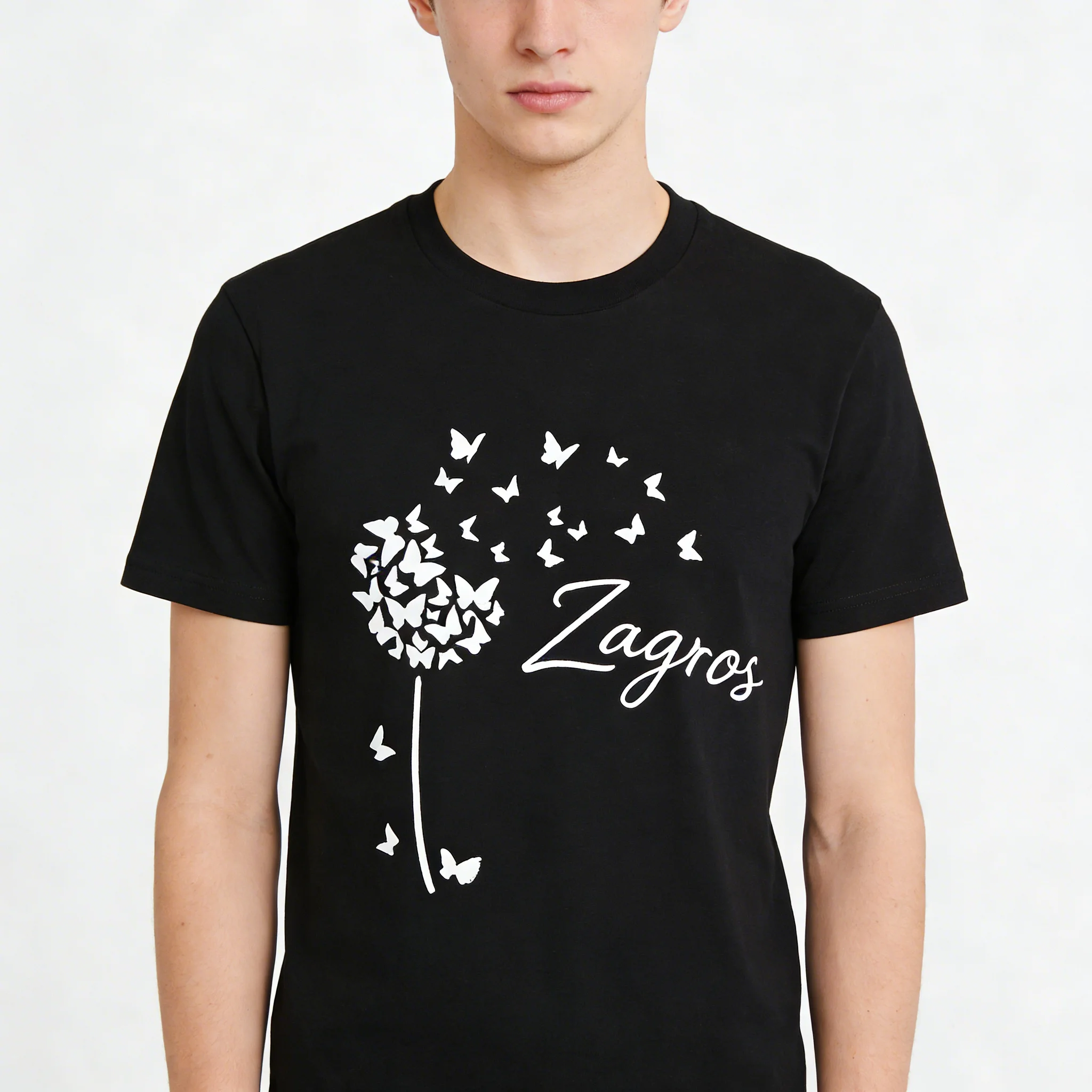 

Мужская черная повседневная футболка Zagros с принтом одуванчика и бабочки на лицевой стороне, круглый вырез горловины, топ с короткими рукавами