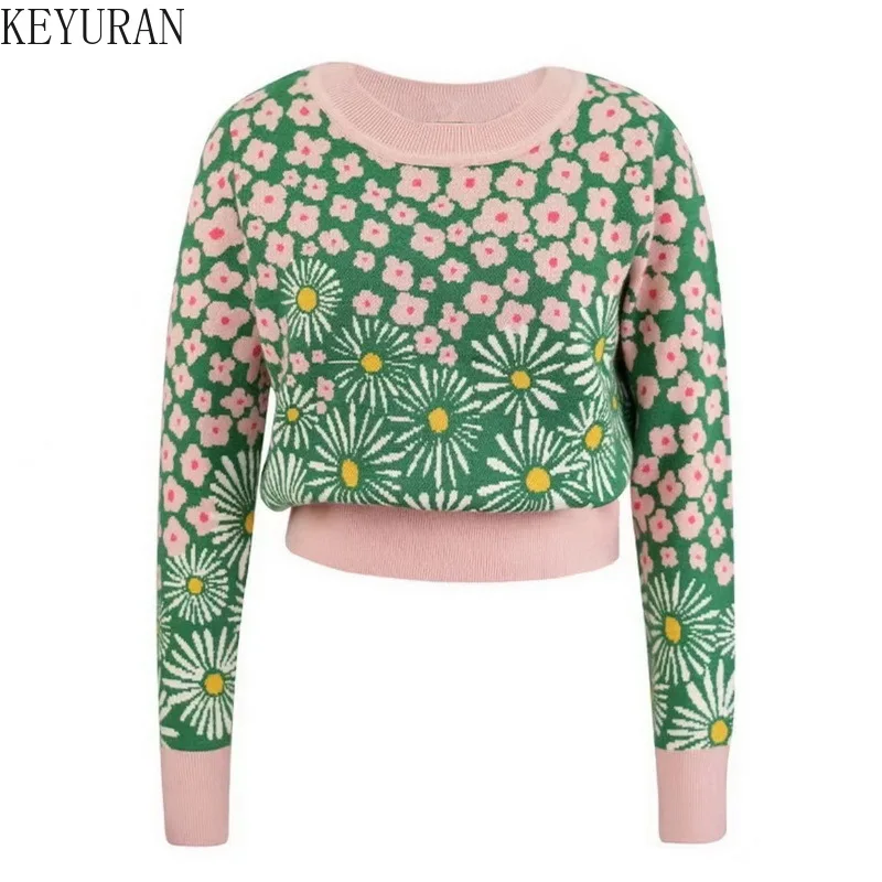 

2023 Autumn Winter Vintage Floral Jacquard Sweater Women's Pullovers Fashion Round Neck Long Sleeve Knitwear Crop Tops Jumpers