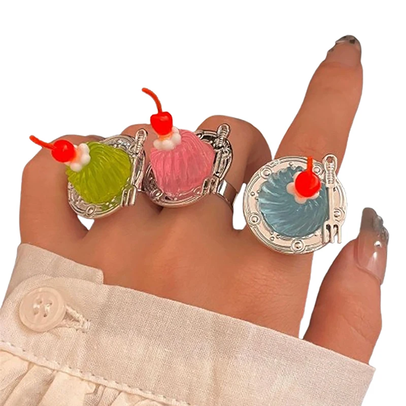 Creative Strawberry Mousse Cake Rings Jelly Pudding Ice Cream Cherry Fruit Ring Exaggerated Vintage Chunky Girls Finger Rings