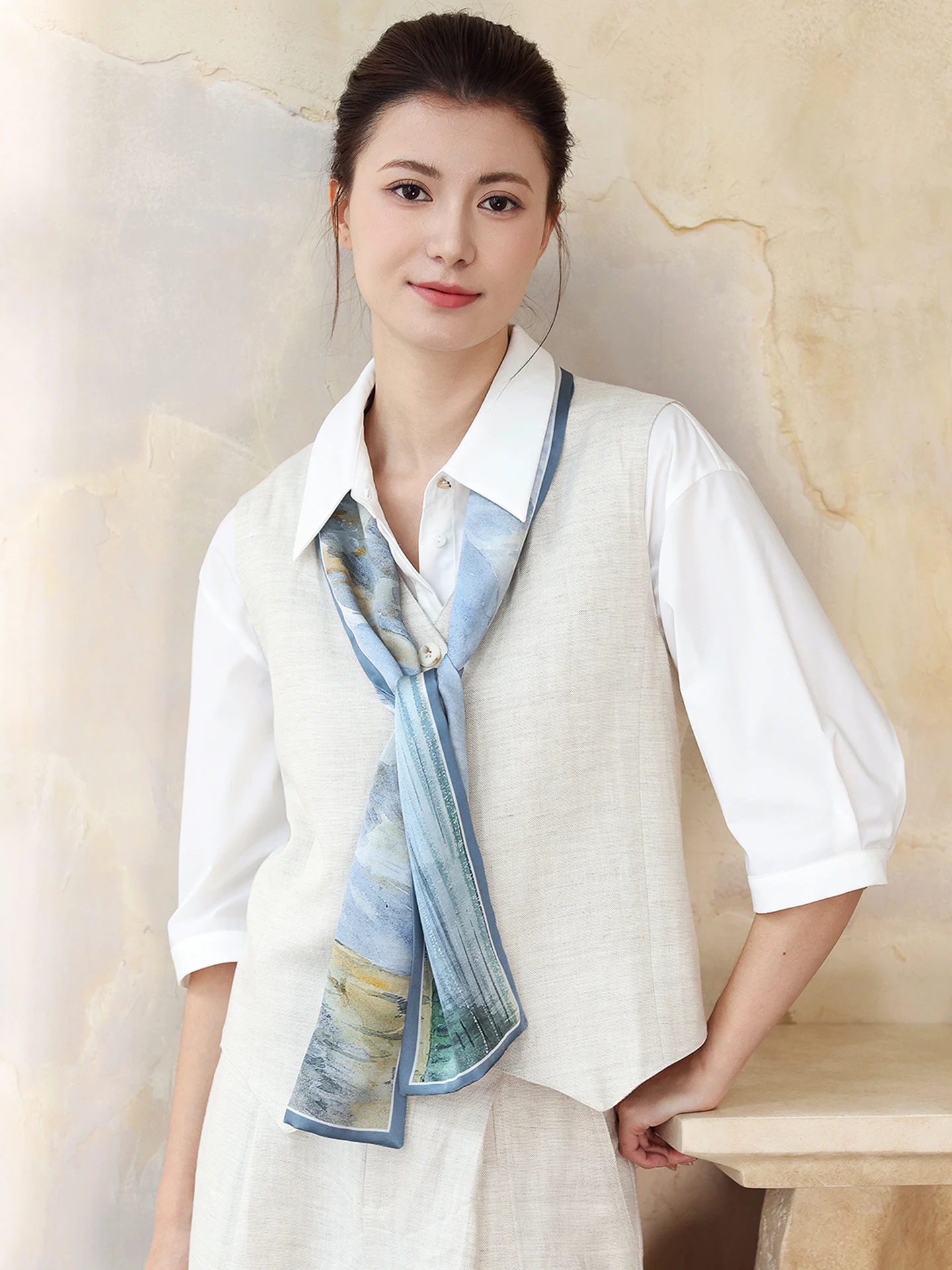 ブルーシルクスカーフ-レディース-新作-2026-薄手-ロング-長方形-春夏-高級感-細幅-マッチシャツ-中華風-両面