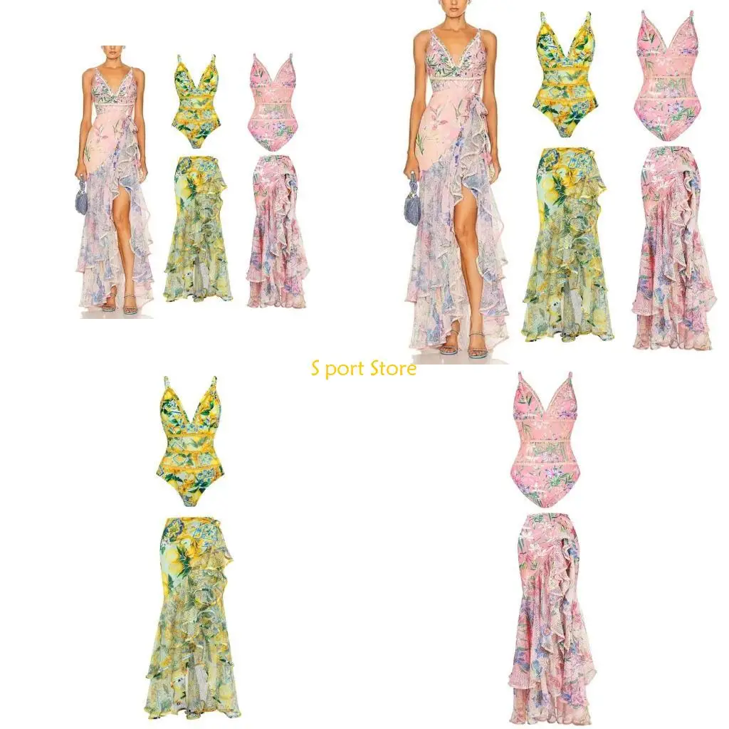 

U2JB Flower Print Swimwear for Women 1 Pieces Swimsuit with Cover Up Wrap Skirt Bathing Suit Swimming Costume