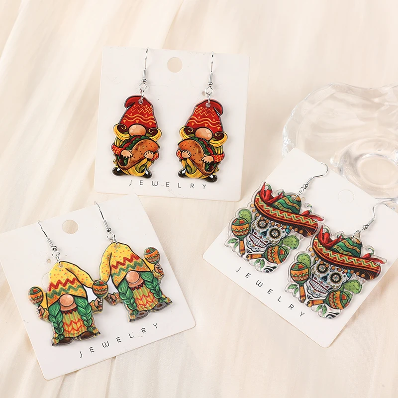 1Pair cinco de mayo Woman Dangle Earrings Taco Gnome Skull Guitar Drop Earrings For Girl Birthday Gift