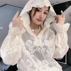 2024 Spring/Summer New Lace Hoodie Tops Women's Mid Length Sunscreen Shirt Top European Stand Fashion Loose Pullovers Female