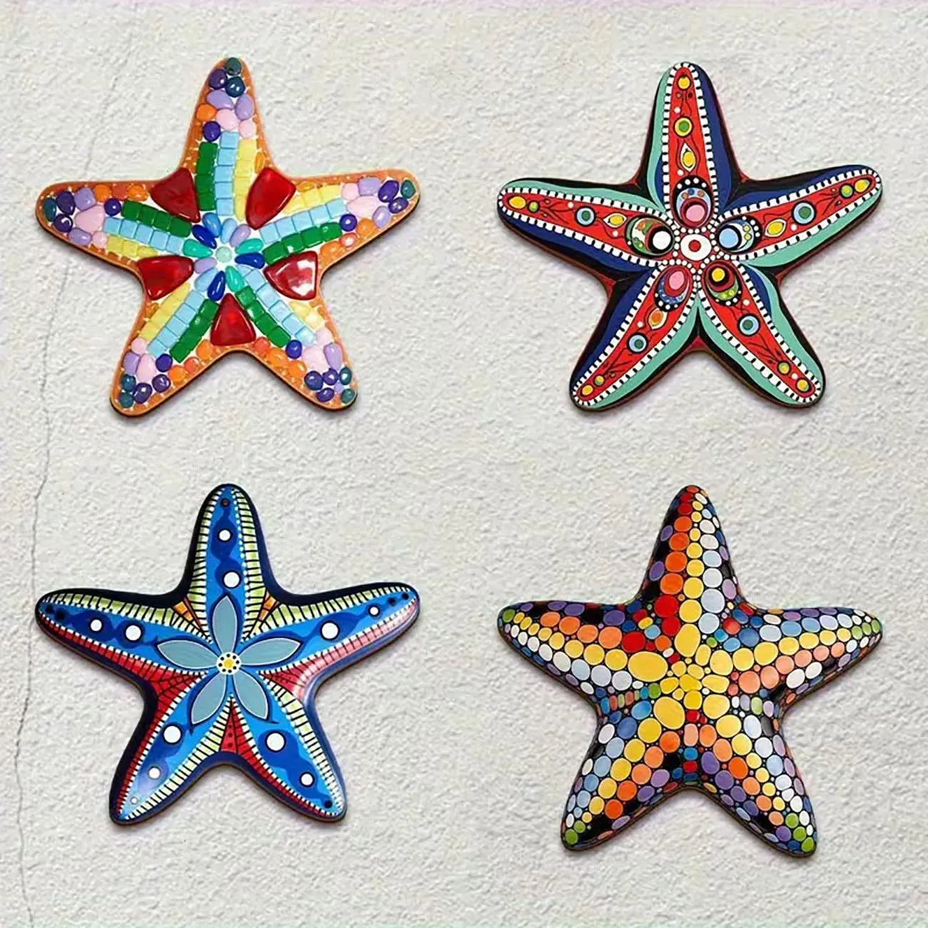 4 Pcs 2D Flat Wooden Starfish Wall Decor Colorful Starfish Wall Art With Nano Tape No Drilling Coastal Wall Ornament