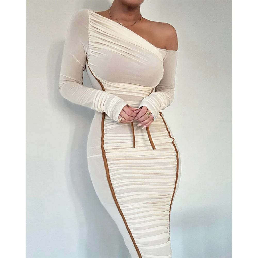 Vrouwen Colorblock Sheer Mesh Lange Mouw Bodycon Midi Jurk Vrouwelijke Party Lange Ruches Elegante Slim Fit Jurken Vestido de Festas