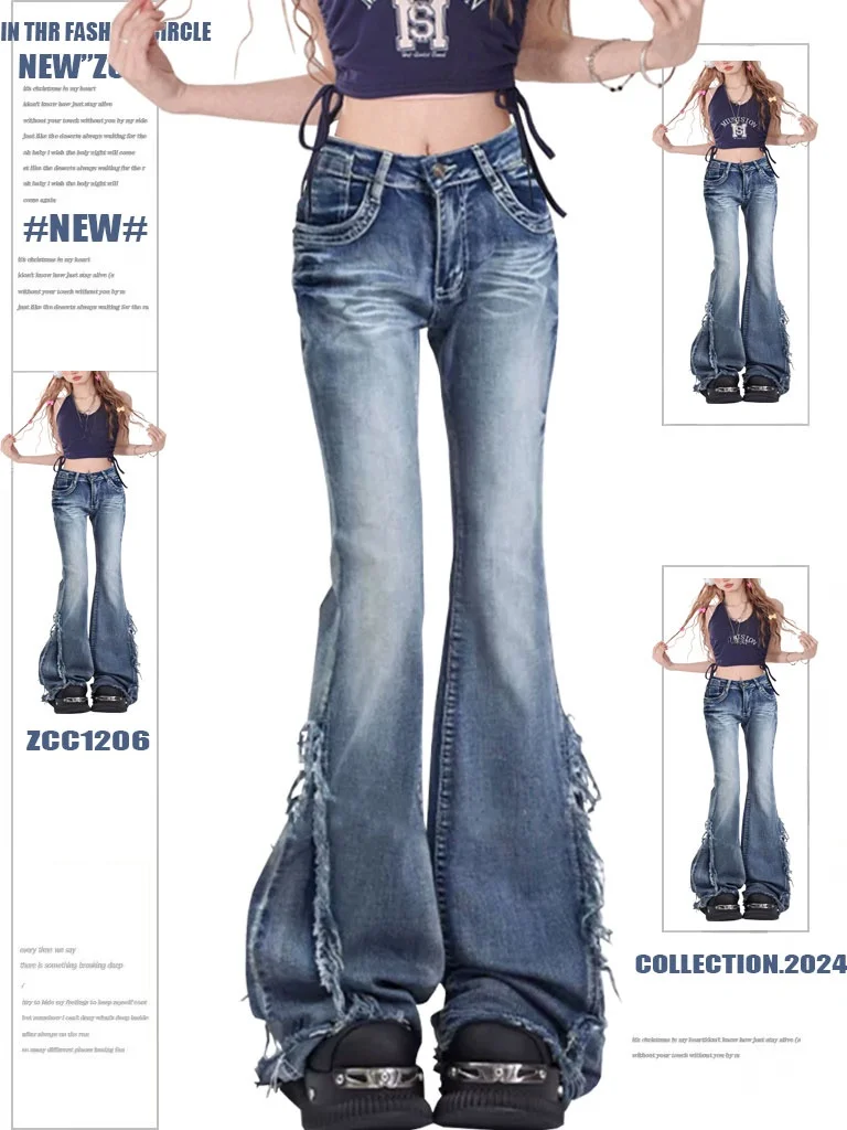 

American Retro Y2K Spicy Girl Frayed Hem Flared Jeans Women Low Waist Design Slimming Long Pants Denim Blue Casual Wear