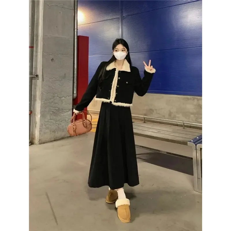 Lnsozkdg Retro Skirt Suits Women Autumn Winter Short Woolen Long Sleeved Coat + A-Line Suspenders Long Skirt Two-Piece Set Women