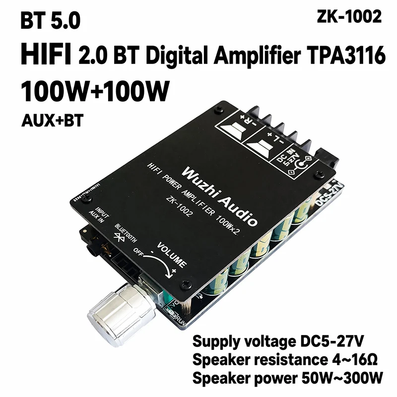 ZK-1002 TPA3116D2 BT 5.0 Stereo Amplifier Board 2x100W HiFi Digital Audio Amp Module LC Filter DC5-27V Multi Protection for Home Speaker DIY