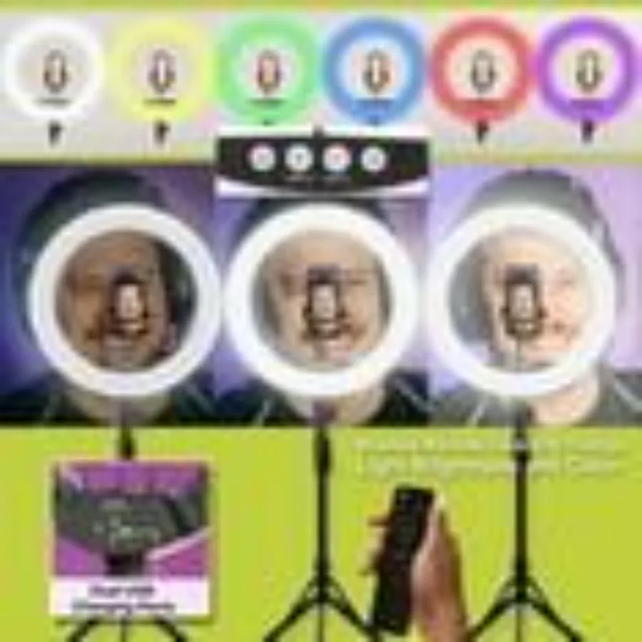 

Vivitar 18 LED RGB Ring Light with Adjustable Tripod Phone Holder USB Charging Ports Wireless Remote Control