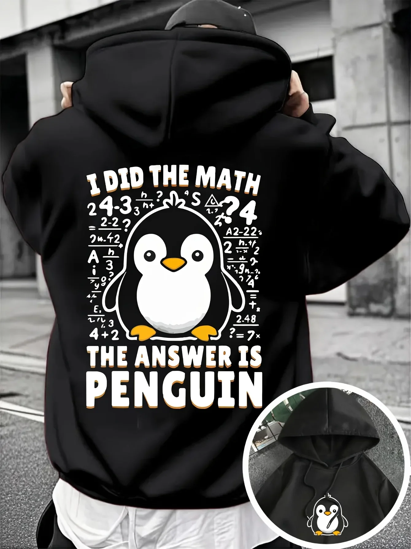 Men Pullover Hoodie Oversized Loose Fit Funny Math Meme Penguin Cartoon Graphic Streetwear Long Sleeve Fleece Sweatshirt Autumn