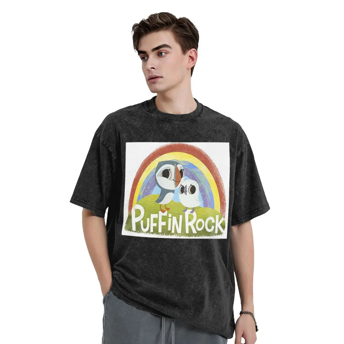 Puffin Rock Cartoon Washed T Shirts Cotton Short Sleeve Hip Hop T-Shirt Streetwear Tops Tees for Men Women