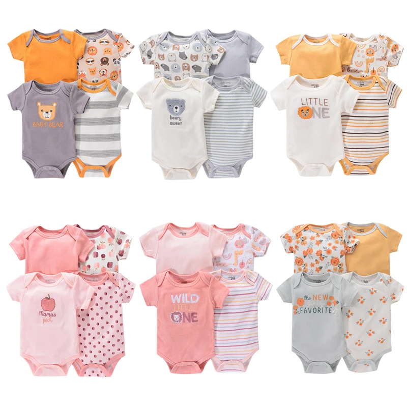 4Pieces Cotton Print Baby Boy Clothes Short Sleeve Bodysuit 0-12M Newborn Baby Girl Clothes Sets Summer Animal Bebes