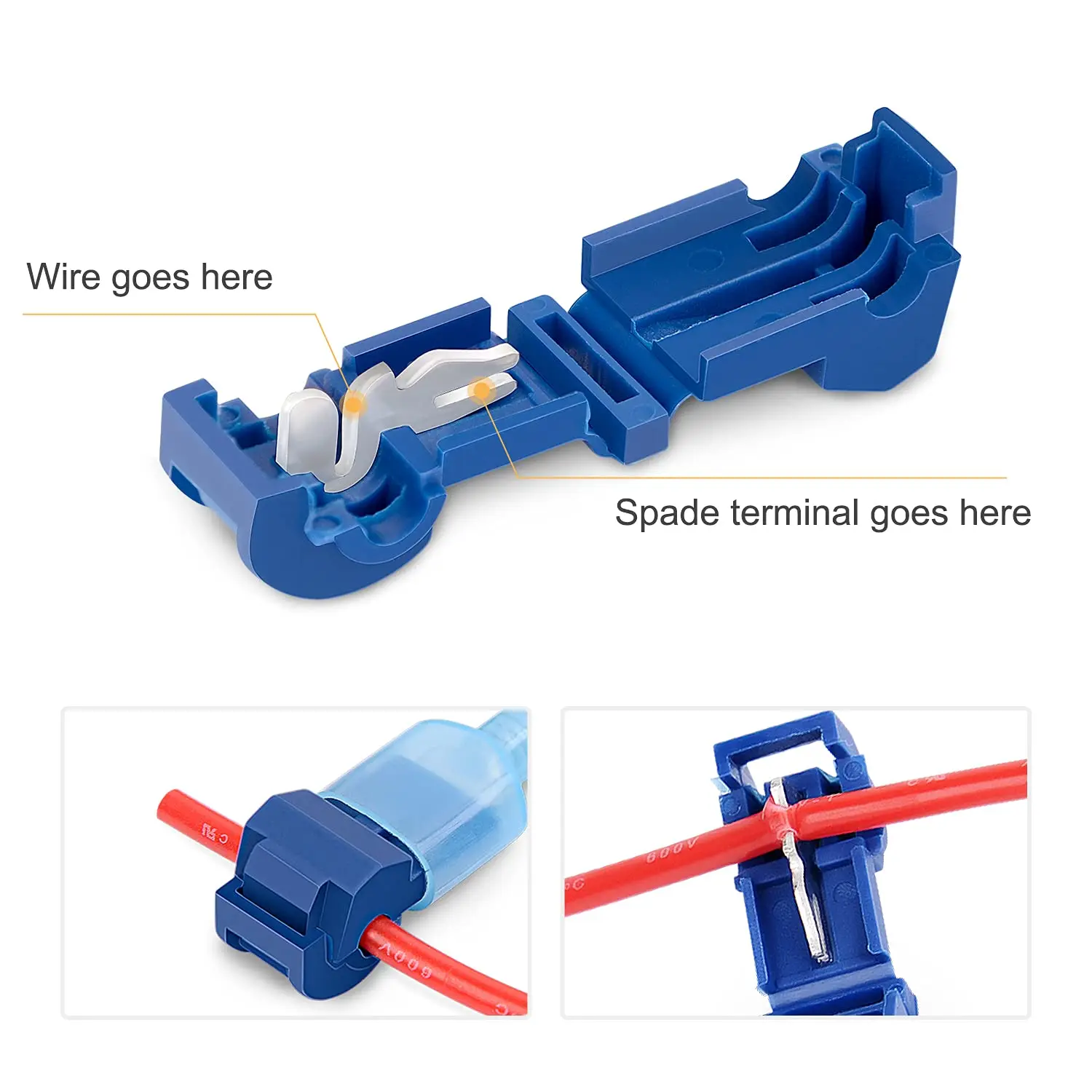 T-Tap Wire Connectors, Self-Stripping Quick Splice Electrical Wire Terminals, Insulated Male Quick Disconnect Spade Terminals