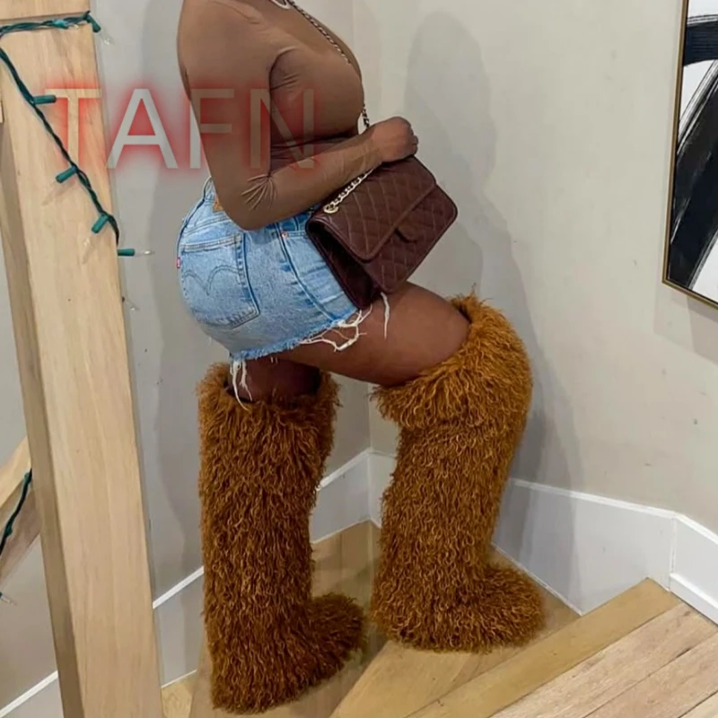 

Mongolian Fur Faux Tall Boots For Women Round Toe Winter Warm Snow Boots Female Thigh High Fluffy Boots With Fur Inside Big 46