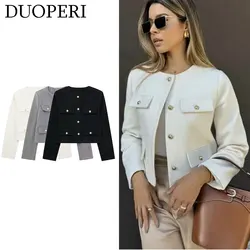 DUOPERI Women Fashion Autumn Winter Versatile Cropped Coat Round Neck Flip Female Chic Lady Elegant Short Suit Jacket