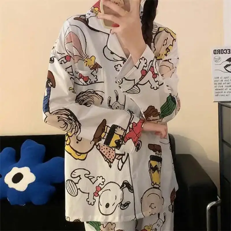 Anime Snoopy Pajamas Student Dormitory Home Clothes Set Cartoon Snoopy Long Sleeves Pajamas Loose Comfortable Leisure Clothes