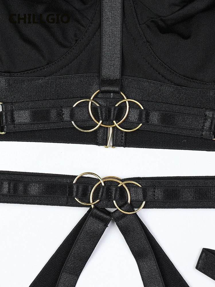 CHILLGIO Women Bra Brief Suits Casual Ins Underwire Push Up Lingerie Club Party Outfits Solid Black Skinny Hollow Underwear Sets image 5
