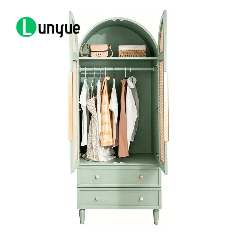 French Cream Style Sage Green Solid Wood Freestanding Wardrobe Armoire with Sliding Doors 2 Drawers Rattan Handles Durable