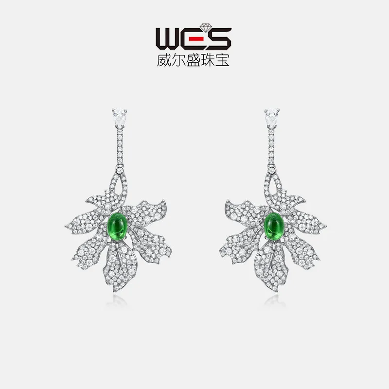 Beautiful Green Leaf Earrings 18K Gold Inlaid with Colorful Baby Stones PT950 Platinum White Zirconium Long Earrings