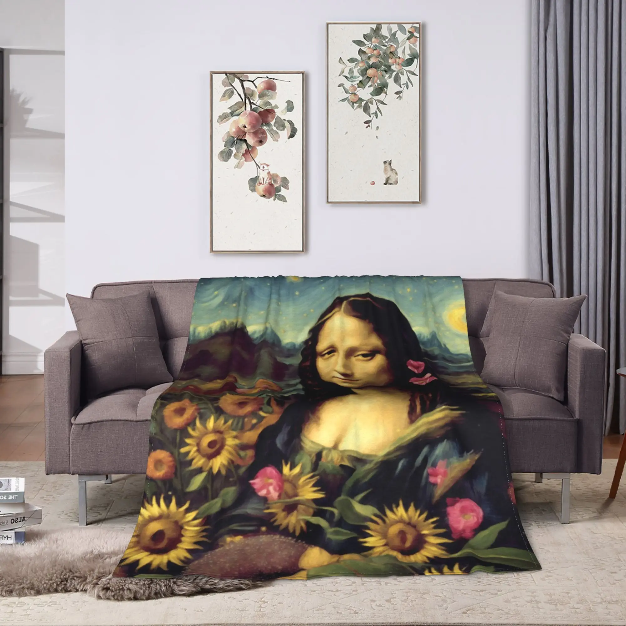 Starry Night Sunflower Mona Lisa Super Soft Blankets  Funny Picnic Throw Blanket Outdoor Flannel Bedspread Sofa Bed Cover