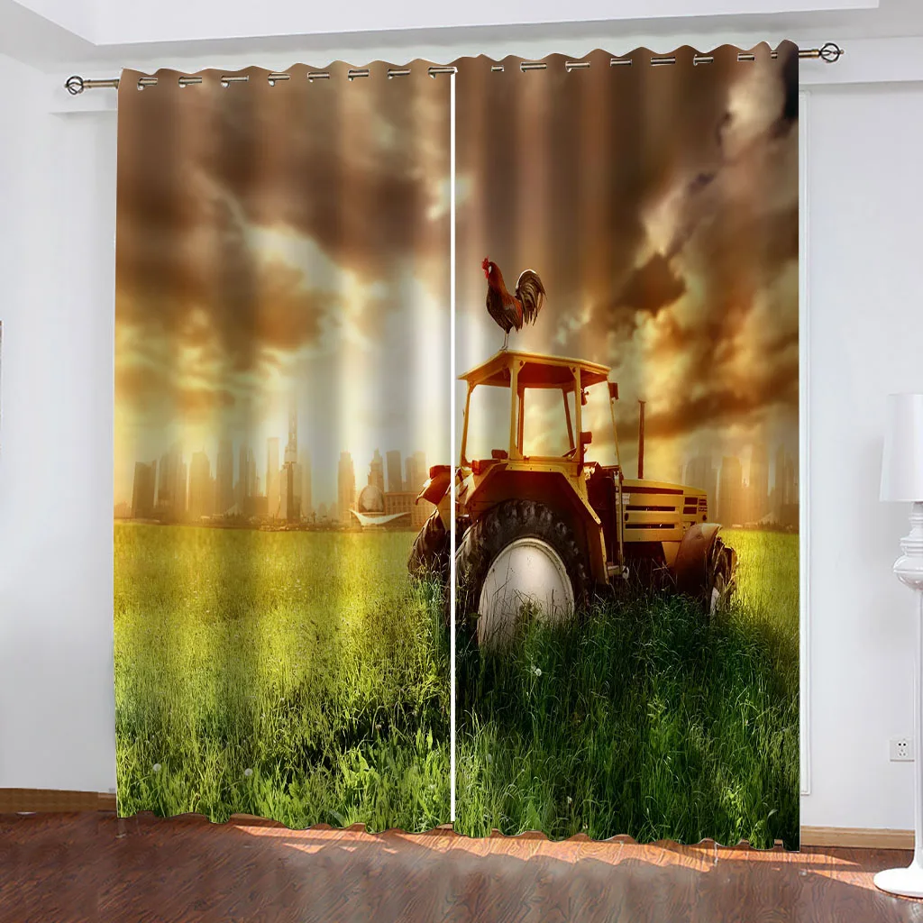 

HUANZHUANG Bedroom Blackout Curtains Retro Tractor Cheap Modern Curtains For Windows Living Room Decor 2 Pieces Fashion