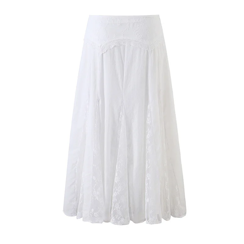 High Waist Lace Splice Slimming Midi A-Line Skirt  Color Half Body Skirt Women's Fashion Pure Polyester Fabric Skirt