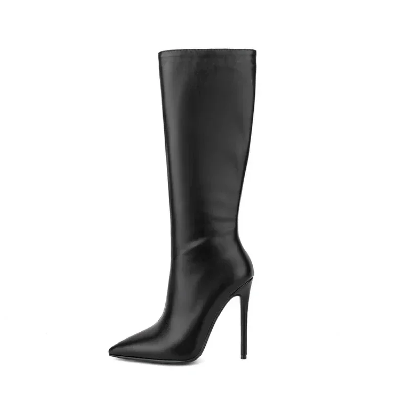 

2024 Winter New Fashion Split Leather Knee Boots for Women Europe America Elegant Pointed Slip-on High Heel Big Size Shoes 43 45