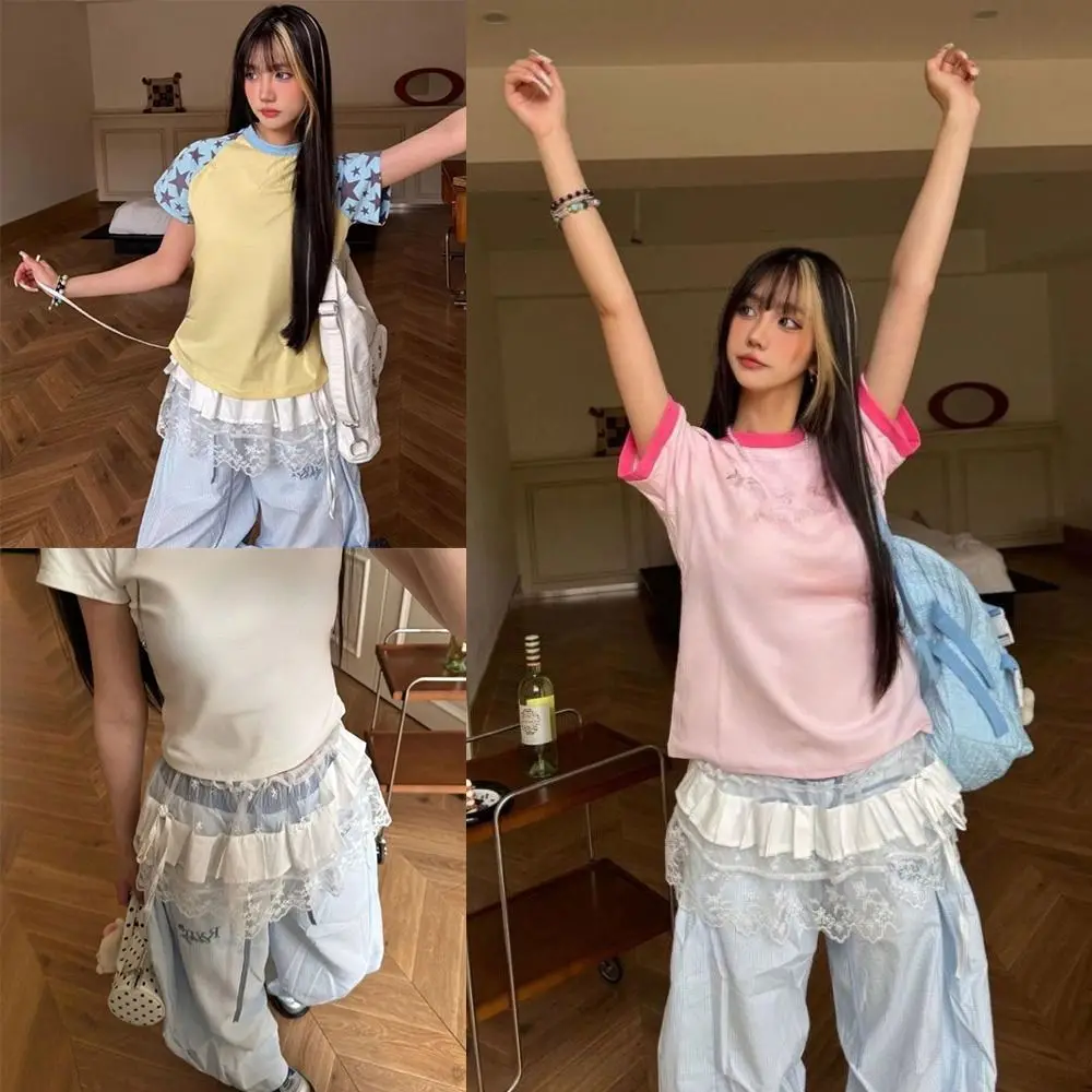 تنورة قصيرة جديدة مطرزة بالزهور من الدانتيل Y2K ملابس الشارع الشهير Harajuku تنورة مكشكشة بأربطة شفافة تنانير جينز مزخرفة