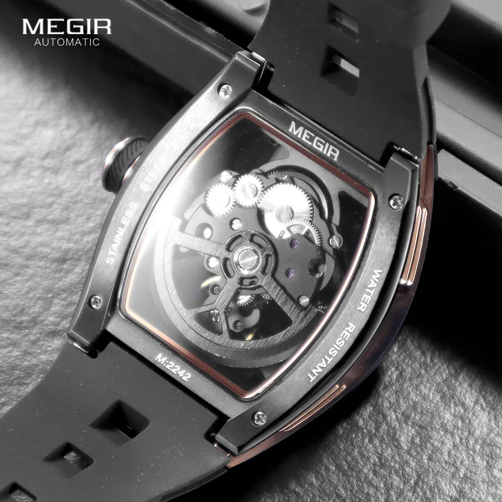 MEGIR 2242 Blue Automatic Watch for Men Sport Waterproof Stainless Steel Mechanical Wristwatch with Silicone Strap Skeleton Dial