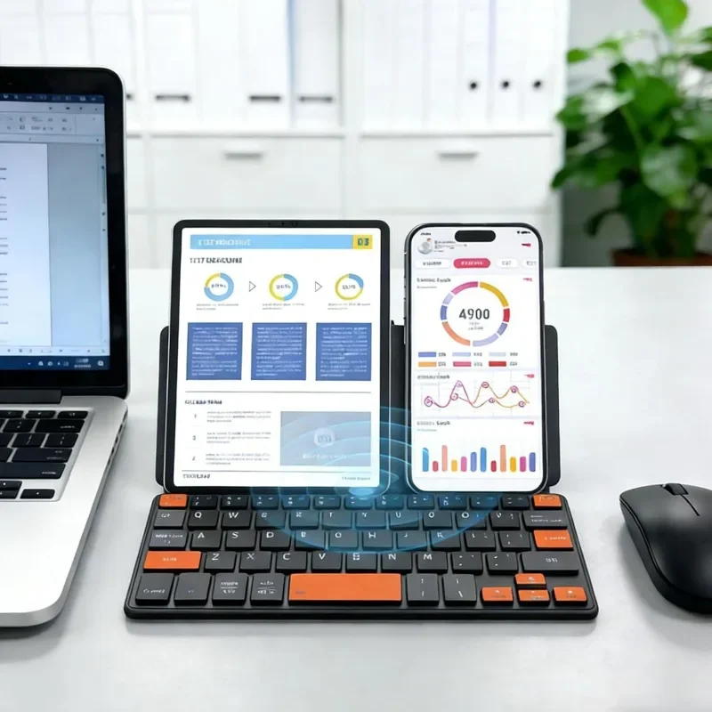 Tragbare, kabellose Bluetooth-Tastatur mit Touch-Funktion, wiederaufladbar, faltbar, mit Lederhülle und Ständer, Mini-Tastatur für Büro und Geschäftsreisen. – Detail 11