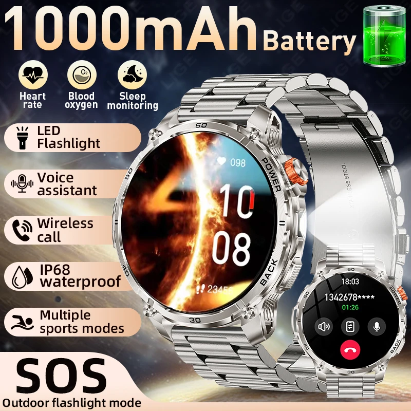 

LIGE New 1000mAh Smart Watch Men Steel Sports Fitness Tracker LED Flashlight 3ATM Waterproof BT Call Smartwatch for Android iOS