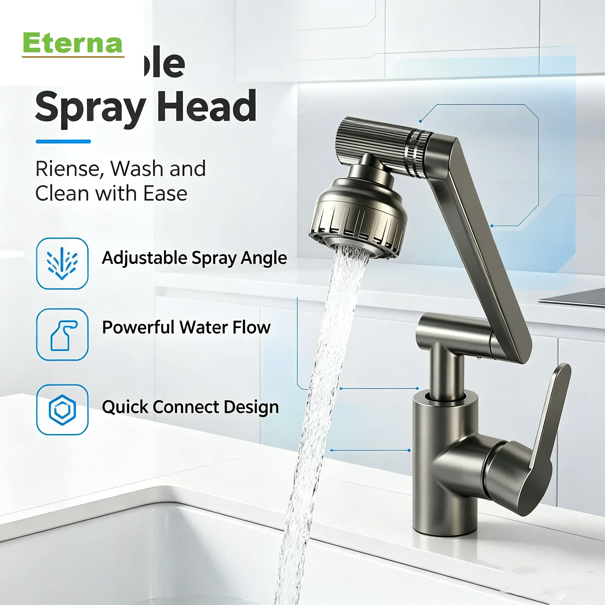 Matte Stainless Steel Kitchen Sink Faucet 720° Rotation Hot Cold Tap with 2 Pcs Water Hoses & 4Pcs Basin Overflow Rings
