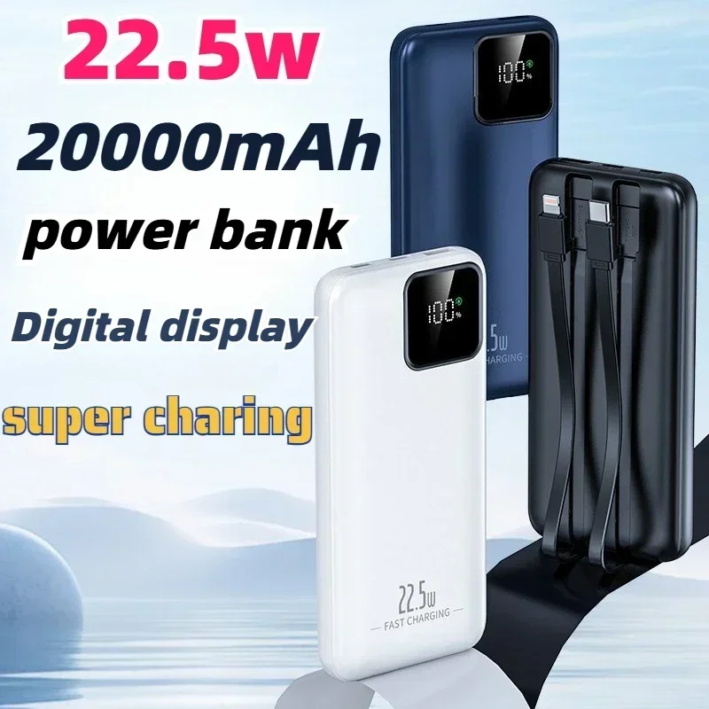 

Power Bank емкостью 30000 мАч: встроенный кабель и цифровой дисплей. Быстрая зарядка 22,5 Вт, высокая емкость для устройств iPhone, Samsung, Xiaomi.