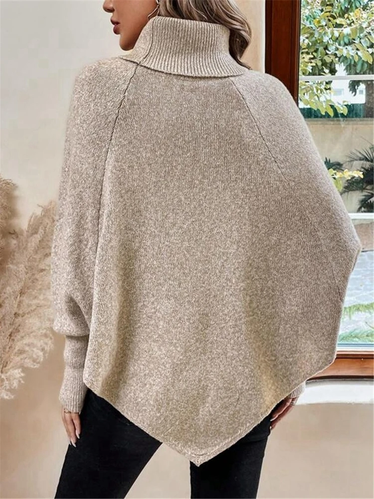 Turtle neck Twist Rope Buttoned Asymmetric Sweater Batwing Sleeve Knit Top