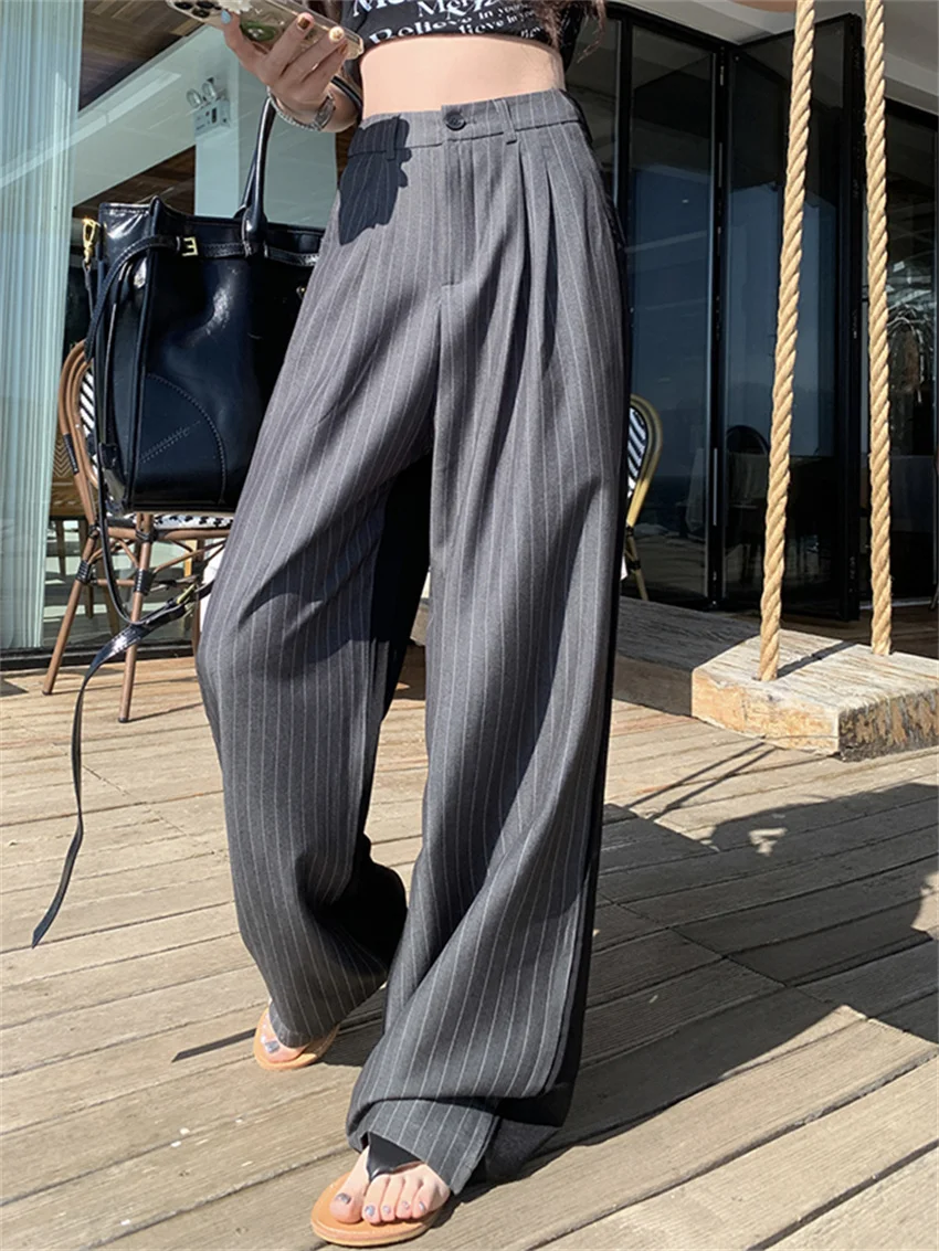 PLAMTEE Grey Stripes Straight Trousers Women Summer Loose High Waist 2024 Fashion Streetwear Casual All Match Fashion Pants