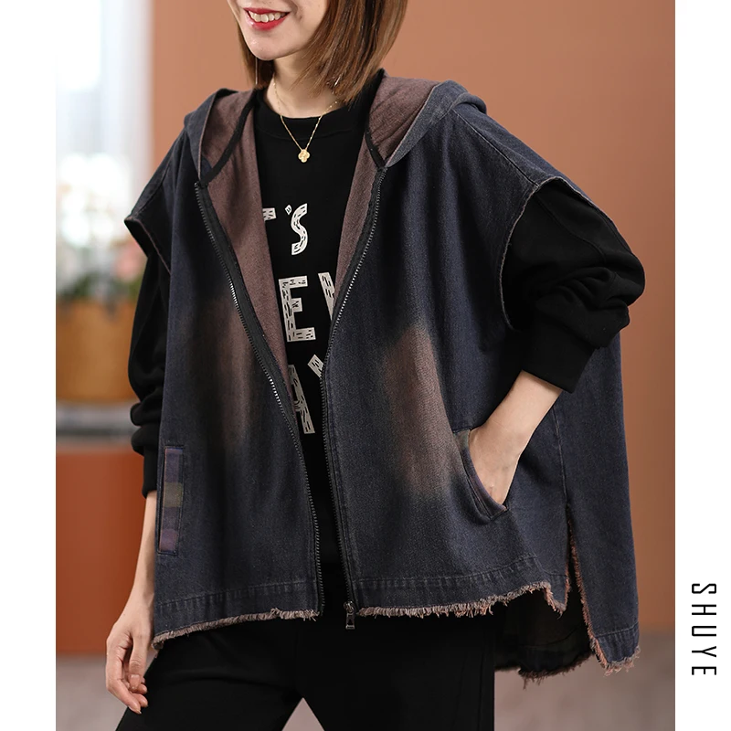 

Female new autumn Korean style vintage wash worn denim hooded casual plus size loose all-match Vest