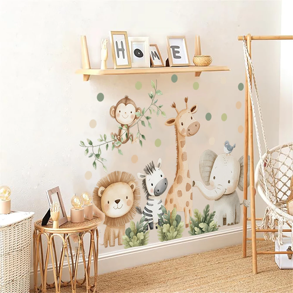 Aquarell Safari Tier Wandaufkleber Dschungel Löwe, Elefant, Giraffe, Zebra, Affe Wandtattoos Schlafzimmer Wanddekoration – Detail 4