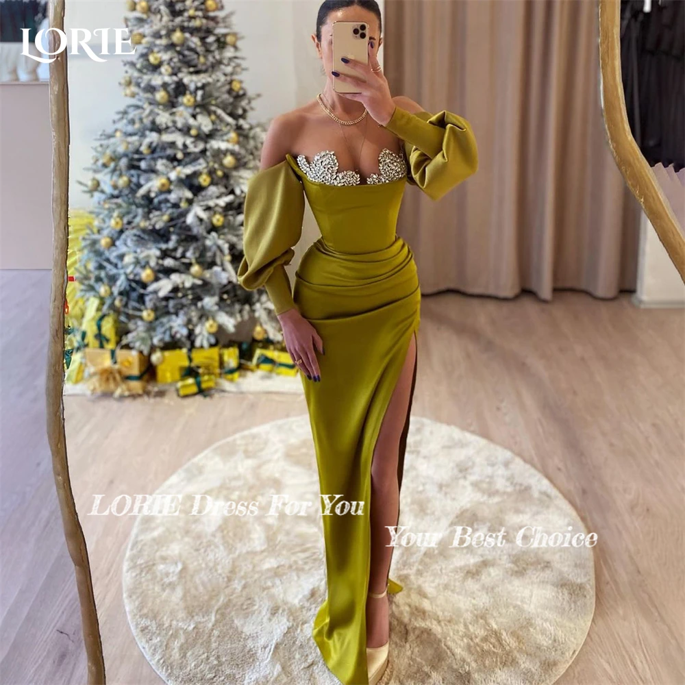 LORIE Olive Green Mermaid Evening Dress Glitter Plated Side Slit Off Shoulder Prom Dress Backless Puff Sleeves Party Gowns 2024