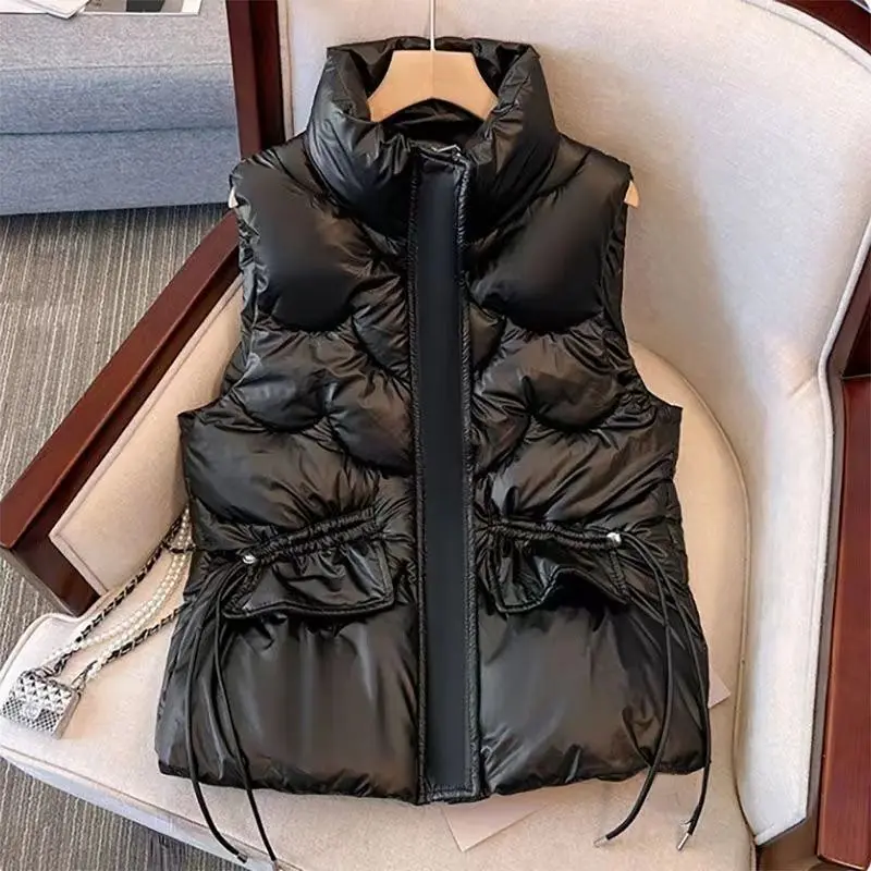 

Autumn Winter Parkas Women Sleeveless Cotton-padded Jacket Vest Pocket Korean Chic Waistcoat Quilted Jacket Coat Warm Thick