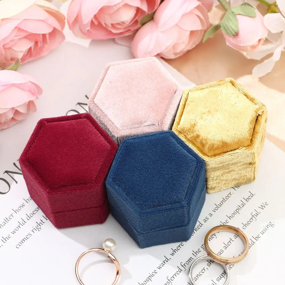 Velvet Jewelry Box Earrings Package Double Ring Storage Box Woman Gift Hexagon Shape Case Wedding Ring Display Box