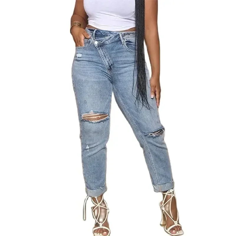 

Women Fashion Knee Broken Holes Pencil Jeans Slanted Waist Button Patchwork Denim Pants Female Casual Washed Trousers Streetwear