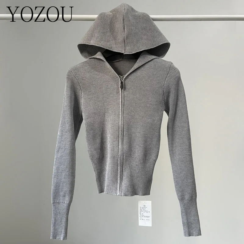 

[YOZOU] Hooded Slim Solid Cropped Zipper Cardigan Luxury Women Crochet Knitwear Knitted Top Jacket Korean Gray Black Beige Brown